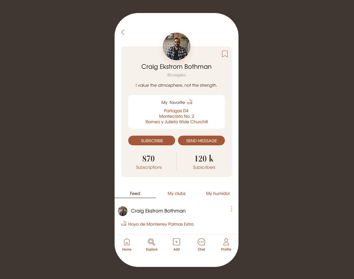 Cigardome app user profile showing cigar preferences and favorites